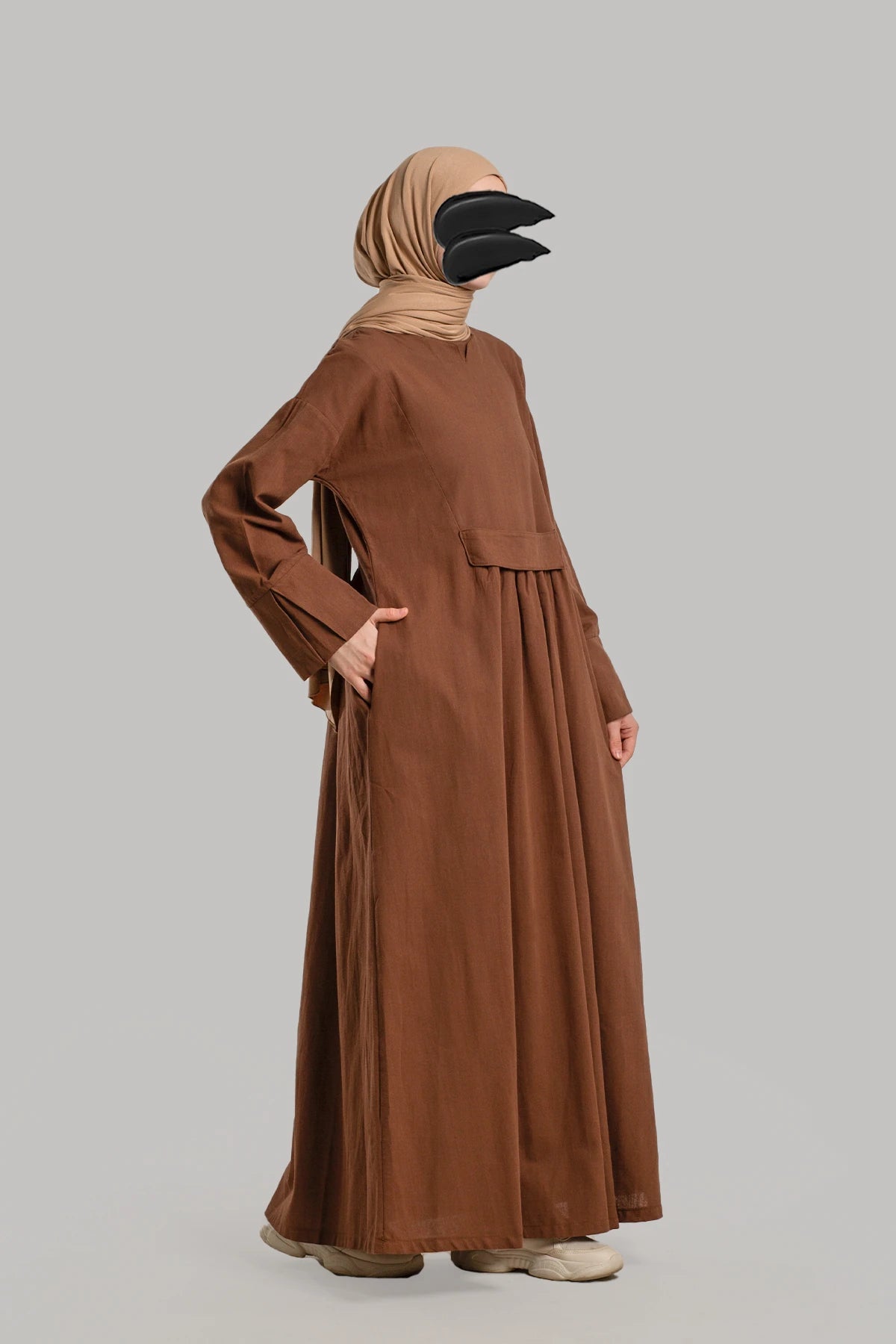 Pleated Linen Dress - Brown